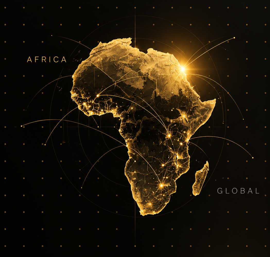 Gold illuminated map of Africa representing Big 5 Capital's African perspective and global ambition